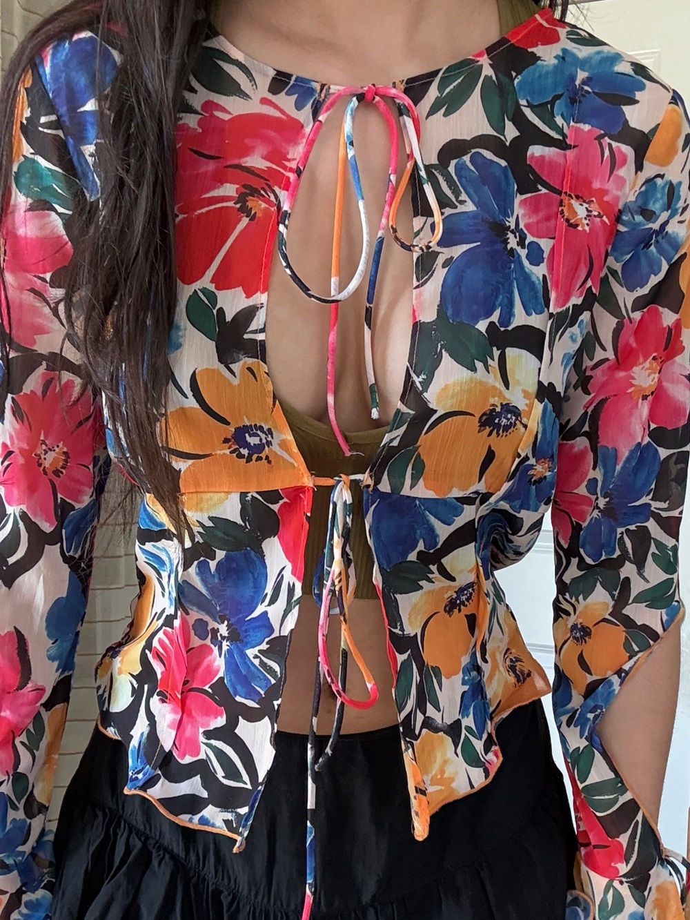 Floral Tie-Front Sheer Blouse